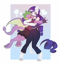 Size: 2453x2635 | Tagged: safe, artist:peachmayflower, rarity, spike, dragon, unicorn, anthro, unguligrade anthro, g4, age difference, clothes, cute, duo, duo male and female, eyes closed, female, fingerless gloves, glasses, gloves, gradient background, high res, hug, leonine tail, male, older, older spike, passepartout, raribetes, ship:sparity, shipping, spikabetes, spikelove, straight, tail, tail hole, teenage spike, teenaged dragon, teenager, tongue out, winged spike, wings