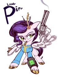 Size: 3000x4000 | Tagged: safe, artist:ja0822ck, pipp petals, pegasus, pony, fallout equestria, g5, female, gun, handgun, littlepipp, mare, namesake, pipboy, pipbuck, pun, revolver, simple background, solo, visual pun, white background, wing hands, wing hold, wings