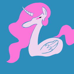 Size: 1024x1024 | Tagged: safe, artist:acura, princess celestia, alicorn, pony, g4, curved horn, female, horn, long neck, looking back, mare, pink-mane celestia, solo, squint, swanlestia, water