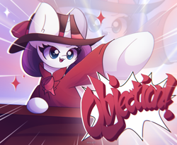Size: 2550x2100 | Tagged: safe, artist:miryelis, rarity, pony, unicorn, g4, rarity investigates, ace attorney, big ears, clothes, courtroom, detective rarity, female, hat, high res, horn, mare, objection, parody, pointing, smiling, solo, sparkles, text, zoom layer
