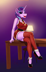 Size: 1400x2200 | Tagged: safe, artist:kpapwiss, starlight glimmer, unicorn, anthro, plantigrade anthro, g4, christmas, christmas outfit, clothes, crossed legs, female, high heels, holiday, looking at you, open mouth, open smile, shoes, simple background, sitting, smiling, socks, solo, thigh highs
