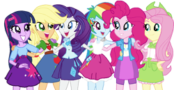 Size: 828x429 | Tagged: safe, artist:anayahmed, applejack, fluttershy, pinkie pie, rainbow dash, rarity, twilight sparkle, alicorn, human, equestria girls, g4, alternate universe, clothes, cowboy hat, hat, humane five, humane six, jacket, shirt, simple background, skirt, transparent background, twilight sparkle (alicorn), vest