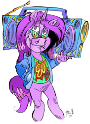 Size: 2122x2919 | Tagged: safe, artist:grotezco, artist:tokiotoyy2k, oc, unnamed oc, unicorn, anthro, 2024 community collab, derpibooru community collaboration, 80's fashion, 80s, 80s hair, attitude, bipedal, clothes, design, high res, horn, italodisco, jacket, music, radio, simple background, solo, transparent background, unicorn oc