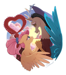 Size: 3000x3404 | Tagged: safe, artist:seurniksroom, discord, fluttershy, g4, the last problem, cloud, duo, duo male and female, female, flower, flower in hair, heart, heart shaped, high res, holding hands, looking at each other, looking at someone, male, older, older fluttershy, ship:discoshy, shipping, signature, simple background, spread wings, straight, sunlight, teary eyes, transparent background, wings