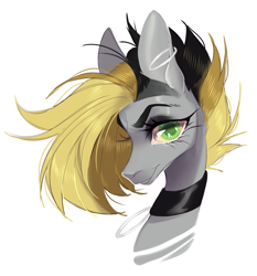 Size: 3255x3496 | Tagged: safe, oc, oc only, oc:tlen borowski, pony, bust, collar, dark, gray, high res, simple background, smug, solo, white background, yellow hair