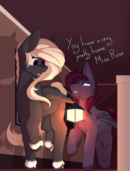 Size: 3800x5000 | Tagged: safe, artist:chapaevv, oc, oc only, oc:maelstorm, oc:rose, bat pony, pegasus, pony, comic:look into my eyes, duo, female, indoors, lamp, text, walking