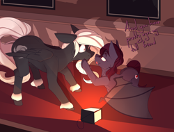 Size: 5000x3800 | Tagged: safe, artist:chapaevv, oc, oc only, oc:maelstorm, oc:rose, bat pony, pegasus, pony, comic:look into my eyes, duo, female, indoors, lamp, licking, text, tongue out, walking