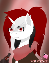 Size: 3152x4096 | Tagged: safe, artist:mairiathus, oc, oc only, oc:red rocket, pony, unicorn, fallout equestria, commission, horn, nuka cola, red eyes, red hair, smiling