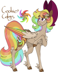 Size: 1600x1972 | Tagged: safe, artist:mrufka69, oc, oc only, oc:cookie colors, pegasus, pony, bow, cloven hooves, colored wings, concave belly, female, hair bow, large wings, mare, multicolored wings, simple background, solo, transparent background, wings