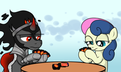 Size: 3228x1928 | Tagged: safe, artist:background basset, bon bon, king sombra, sweetie drops, earth pony, pony, unicorn, g4, abstract background, card, card game, female, high res, male, mare, stallion, table, uno