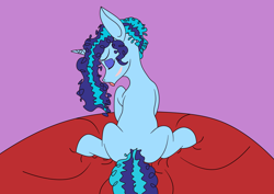 Size: 4093x2894 | Tagged: safe, artist:kujivunia, derpibooru exclusive, misty brightdawn, pony, unicorn, g5, bed, blushing, colored, eyes closed, female, flat colors, mare, on bed, open mouth, rear view, sitting, solo, tongue out