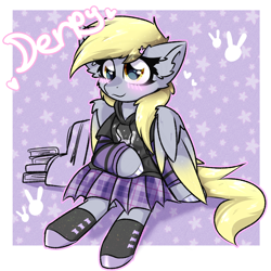 Size: 2000x2000 | Tagged: safe, artist:jubyskylines, derpy hooves, pegasus, pony, g4, abstract background, blushing, book, clothes, colored wings, ear fluff, female, gradient wings, high res, hoodie, mare, passepartout, shoes, sitting, skirt, smiling, solo, wings