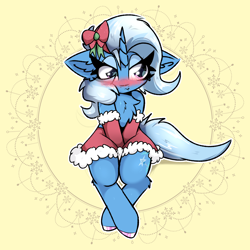 Size: 2000x2000 | Tagged: safe, artist:jubyskylines, trixie, pony, unicorn, g4, abstract background, blushing, bow, chest fluff, christmas, christmas outfit, colored hooves, cute, diatrixes, ear fluff, female, front view, hair bow, high res, holiday, lidded eyes, mare, sitting, solo, tsundere, tsunderixie