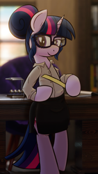 Size: 1080x1920 | Tagged: safe, artist:xppp1n, sci-twi, twilight sparkle, pony, unicorn, g4, blushing, clothes, desk, female, glasses, heart, heart eyes, hoof hold, looking at you, mare, ruler, skirt, solo, wingding eyes