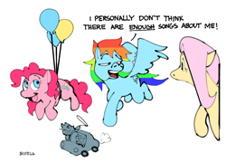 Size: 868x624 | Tagged: safe, artist:bixels, applejack, fluttershy, pinkie pie, rainbow dash, twilight sparkle, earth pony, pegasus, pony, unicorn, g4, balloon, car, dialogue, female, floating, lasso, mare, rope, signature, simple background, speech bubble, the muppet movie, the muppets, then watch her balloons lift her up to the sky, unicorn twilight, white background