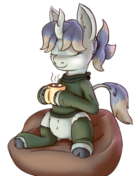Size: 1100x1400 | Tagged: safe, artist:xppp1n, oc, oc only, kirin, beanbag chair, chocolate, female, food, hot chocolate, kirin oc, mare, simple background, solo, transparent background
