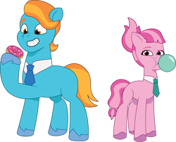 Size: 1687x1360 | Tagged: safe, artist:prixy05, sweets (g5), toots, earth pony, pony, g5, my little pony: tell your tale, bubblegum, donut, female, food, gum, i can't believe it's not hasbro studios, male, mare, necktie, simple background, smiling, stallion, transparent background, vector