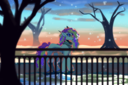 Size: 3826x2543 | Tagged: safe, artist:neonbugzz, oc, oc only, earth pony, pony, clothes, earth pony oc, fence, high res, scarf, side view, snow, snowfall, solo, tree, winter