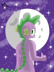 Size: 1620x2160 | Tagged: safe, artist:moralito, spike, dragon, anthro, g4, alternate design, alternate universe, back, cloud, green eyes, looking at you, looking back, looking back at you, male, moon, night, rear view, smiling, solo, stars, tail, thumbs up