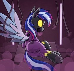 Size: 1552x1483 | Tagged: safe, artist:moonatik, oc, oc only, oc:paperweight, pegasus, pony, butt, female, gas, gas mask, latex, latex suit, mare, mask, neon, pegasus oc, plot, rubber drone, shadowbolt drone, shadowbolts, spread wings, table, wings