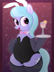 Size: 3016x4032 | Tagged: safe, artist:rainbowšpekgs, flitter, pegasus, pony, g4, adorasexy, belly, belly button, bipedal, bowtie, bunny ears, bunny suit, chest fluff, chubby, clothes, cute, drink, female, fishnet stockings, flitterbetes, hind legs, legs together, mare, open mouth, open smile, sexy, smiling, socks, stars, thigh highs