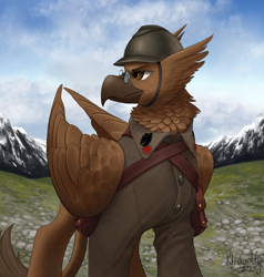 Size: 2384x2503 | Tagged: safe, artist:kleowolfy, oc, oc:gunnar sabel-karlsson, griffon, equestria at war mod, clothes, full body, glasses, griffon oc, helmet, high res, mountain, solo, uniform