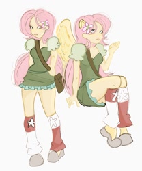 Size: 852x1024 | Tagged: safe, artist:mr_chett0s, fluttershy, human, g4, arm behind back, bag, clothes, dress, eared humanization, humanized, leg warmers, looking at you, messenger bag, pony coloring, simple background, sitting, solo, white background, winged humanization, wings