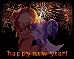 Size: 1800x1440 | Tagged: safe, artist:ivydapple, applejack, rarity, earth pony, pony, unicorn, g4, alternate hairstyle, bust, cheek kiss, female, fireworks, hair bun, happy new year, happy new year 2024, holiday, kissing, lesbian, mare, ship:rarijack, shipping, text