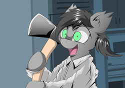 Size: 1700x1200 | Tagged: safe, artist:hovawant, oc, oc only, oc:hovawant, bat pony, pony, american psycho, axe, bipedal, hoof hold, insanity, meme, movie reference, open mouth, open smile, patrick bateman, ponified meme, raincoat, smiling, solo, this will end in death, weapon