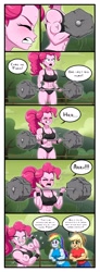 Size: 1908x5175 | Tagged: safe, artist:ameliacostanza, applejack, pinkie pie, rainbow dash, human, equestria girls, g4, 4 panel comic, abs, applejacked, barbell, belly button, comic, dialogue, exercise, eyes closed, female, fence, flexing, grin, gritted teeth, muscle growth, muscles, open mouth, open smile, pinkie pump, rainbuff dash, rock, smiling, sweat, teeth, weight lifting, weights, workout