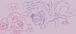 Size: 4096x1850 | Tagged: safe, artist:arxielle, angel bunny, derpy hooves, fluttershy, bird, pegasus, pony, rabbit, squirrel, g4, animal, apple, basket, bouquet, delivery, delivery pony, dialogue, female, flower, food, implied big macintosh, implied fluttermac, implied shipping, implied straight, letter, lying down, male, mare, mouth hold, prone, sketch, speech bubble, trio
