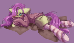 Size: 2708x1580 | Tagged: safe, artist:julielist, fluttershy, pegasus, pony, g4, butt, clothes, female, floppy ears, flutterbutt, hair over one eye, lying down, mare, plot, prone, purple background, simple background, socks, solo, striped socks, stupid sexy fluttershy, sweater, sweatershy