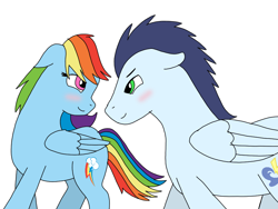 Size: 960x720 | Tagged: safe, artist:aroselovell, artist:dasher666, edit, rainbow dash, soarin', pegasus, pony, g4, blushing, female, male, ship:soarindash, shipping, simple background, straight, white background