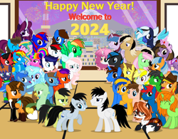 Size: 10000x7805 | Tagged: safe, artist:creedyboy124, oc, oc:andrew, oc:braden, oc:chloe park, oc:ej, oc:firey ratchet, oc:flare spark, oc:ghost pony, oc:grapefruit face, oc:gregory griffin, oc:jade harmony, oc:jemimasparkle, oc:lightning bass, oc:lola, oc:mickey motion, oc:miguel, oc:oliver featherwing, oc:princess kincade, oc:quoterific, oc:rainbow sparkle, oc:red arrow, oc:sadie park, oc:shane park, oc:sharp stars, oc:shield wing, oc:star armour, oc:stephen (stephen-fisher), oc:sunlight mist, oc:sweetheart, oc:thunder dancer, oc:train track, alicorn, earth pony, pegasus, unicorn, g4, alicorn oc, female, happy new year, happy new year 2024, holiday, horn, male, wings