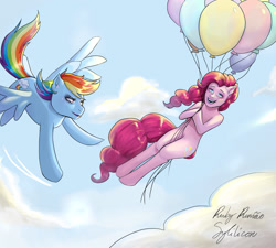 Size: 1444x1298 | Tagged: safe, artist:sleepypiggies, pinkie pie, rainbow dash, earth pony, pegasus, pony, g4, balloon, cloud, female, floating, flying, sky, then watch her balloons lift her up to the sky