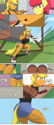 Size: 3732x8651 | Tagged: safe, artist:matchstickman, apple bloom, applejack, earth pony, anthro, plantigrade anthro, matchstickman's apple brawn series, tumblr:where the apple blossoms, g4, ..., apple sisters, applebucking thighs, applejacked, barrel, biceps, breasts, busty applejack, clothes, comic, deltoids, duo, female, gritted teeth, implied tail hole, mare, muscles, muscular female, shoes, siblings, sisters, squatting, sweat, sweet apple acres, tail, teeth, thighs, thunder thighs, tumblr comic