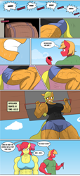 Size: 3732x8213 | Tagged: safe, artist:matchstickman, apple bloom, applejack, big macintosh, earth pony, anthro, plantigrade anthro, matchstickman's apple brawn series, tumblr:where the apple blossoms, g4, abs, apple bloom's bow, apple brawn, apple siblings, apple sisters, applebucking thighs, applejacked, barrel, biceps, bow, breasts, brother and sister, busty apple bloom, busty applejack, clothes, comic, deltoids, dialogue, female, great macintosh, hair bow, male, mare, muscles, muscular female, muscular male, nervous, nervous smile, pecs, shirt, siblings, sisters, smiling, speech bubble, squatting, stallion, stopwatch, sweat, thighs, thunder thighs, trio, tumblr comic