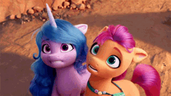 Size: 640x360 | Tagged: safe, screencap, izzy moonbow, sunny starscout, earth pony, pony, unicorn, g5, my little pony: a new generation, spoiler:my little pony: a new generation, 3d, animated, cute, female, freaking out, gif, izzybetes, mare, scared, security hug, sunnybetes