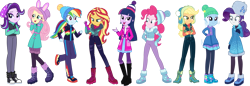 Size: 3539x1212 | Tagged: safe, artist:tylerajohnson352, applejack, fluttershy, pinkie pie, rainbow dash, rarity, starlight glimmer, sunset shimmer, trixie, twilight sparkle, human, equestria girls, equestria girls series, g4, beanie, boots, clothes, converse, earmuffs, female, gloves, hat, humane eight, humane five, humane seven, humane six, jacket, scarf, shoes, simple background, smiling, sneakers, sweater, transparent background, winter hat, winter outfit