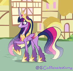 Size: 1103x1079 | Tagged: safe, artist:caffeinatedcarny, derpibooru exclusive, edit, edited screencap, screencap, twilight sparkle, alicorn, pony, g4, the last problem, alternate design, coat markings, colored wings, concave belly, crown, curved horn, ethereal mane, facial markings, gradient mane, gradient wings, hoof fluff, hoof shoes, horn, horn runes, jewelry, long horn, long mane, long tail, markings, mealy mouth (coat marking), missing cutie mark, older, older twilight, older twilight sparkle (alicorn), peytral, princess shoes, princess twilight 2.0, raised hoof, redesign, redraw, regalia, slender, socks (coat markings), solo, star (coat marking), tail, tall, thin, twilight sparkle (alicorn), unshorn fetlocks, wings