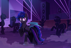 Size: 2175x1450 | Tagged: safe, artist:willoillo, oc, oc only, oc:ebony rose, bat pony, pony, clothes, club, commission, dress, formal wear, solo focus