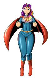 Size: 2894x4093 | Tagged: safe, artist:jackudoggy, sunny starscout, alien, human, kryptonian, g5, boots, breasts, busty sunny starscout, cameltoe, cape, clothes, dc comics, eyebrows, female, fist, high res, humanized, mane stripe sunny, shoes, simple background, smiling, smirk, solo, supergirl, superhero, superman, symbol, tan skin, tight clothing, transparent background