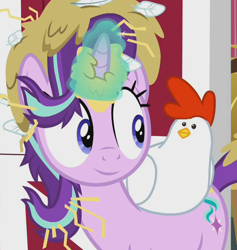 Size: 682x720 | Tagged: safe, edit, edited screencap, editor:twilyisbestpone, screencap, starlight glimmer, bird, chicken, pony, unicorn, g4, harvesting memories, my little pony: friendship is forever, cropped, eye contact, female, hay, inverted mouth, looking at each other, looking at someone, magic, mare, messy, smiling, sweet apple acres, sweet apple acres barn
