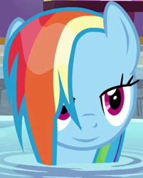 Size: 418x519 | Tagged: safe, edit, edited screencap, editor:twilyisbestpone, screencap, rainbow dash, pegasus, pony, deep tissue memories, g4, my little pony: friendship is forever, amused, bedroom eyes, cropped, eyebrows, female, hair over one eye, hot tub, inverted mouth, lidded eyes, mare, multicolored mane, narrowed eyes, ponyville spa, rainbow dash is amused, raised eyebrow, smiling, solo, water, wet, wet mane