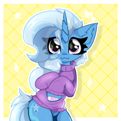 Size: 2000x2000 | Tagged: safe, artist:jubyskylines, trixie, pony, unicorn, g4, :3, bipedal, blushing, butt fluff, clothes, colored hooves, cute, cute little fangs, diatrixes, ear fluff, eye clipping through hair, fangs, featureless crotch, female, high res, hooves to the chest, horn, looking at you, mare, simple background, solo, sweater, yellow background