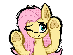 Size: 320x240 | Tagged: safe, artist:daze, fluttershy, pegasus, pony, g4, against glass, blush scribble, cute, dithering, ear fluff, female, fourth wall, glass, half body, hoof heart, looking at you, mare, one eye closed, pixel-crisp art, shyabetes, simple background, smiling, smiling at you, solo, transparent background, underhoof, wink, winking at you