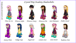 Size: 4000x2250 | Tagged: safe, edit, editor:brokenadam, fleur-de-lis, indigo zap, lemon zest, sour sweet, sugarcoat, sunny flare, suri polomare, oc, oc:amber jewel, human, g4, crystal prep, crystal prep academy, crystal prep academy students, crystal prep shadowbolts, disney, humanized, monotype corsiva font, papa louie pals, princess clio, princess zooey, simple background, sofia the first, white background