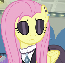 Size: 745x720 | Tagged: safe, edit, edited screencap, editor:twilyisbestpone, screencap, fluttershy, pegasus, pony, fake it 'til you make it, g4, season 8, :3, cropped, ear piercing, earring, eyes closed, eyeshadow, female, fluttergoth, inverted mouth, jewelry, makeup, mare, piercing, smiling, solo