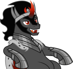 Size: 8282x7839 | Tagged: safe, artist:starryshineviolet, king sombra, pony, unicorn, g4, the beginning of the end, absurd resolution, antagonist, armor, cape, clothes, colored horn, crown, curved horn, disembodied horn, horn, jewelry, lounging, male, open mouth, red eyes, regalia, sharp teeth, simple background, sitting, solo, sombra horn, sombra's cape, sombra's horn, sombra's robe, stallion, teeth, transparent background