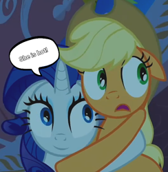 Size: 530x544 | Tagged: safe, edit, edited screencap, screencap, applejack, rarity, earth pony, pony, unicorn, g4, look before you sleep, season 1, duo, duo female, female, golden oaks library, hug, inverted mouth, lesbian, mare, ship:rarijack, shipping, smiling